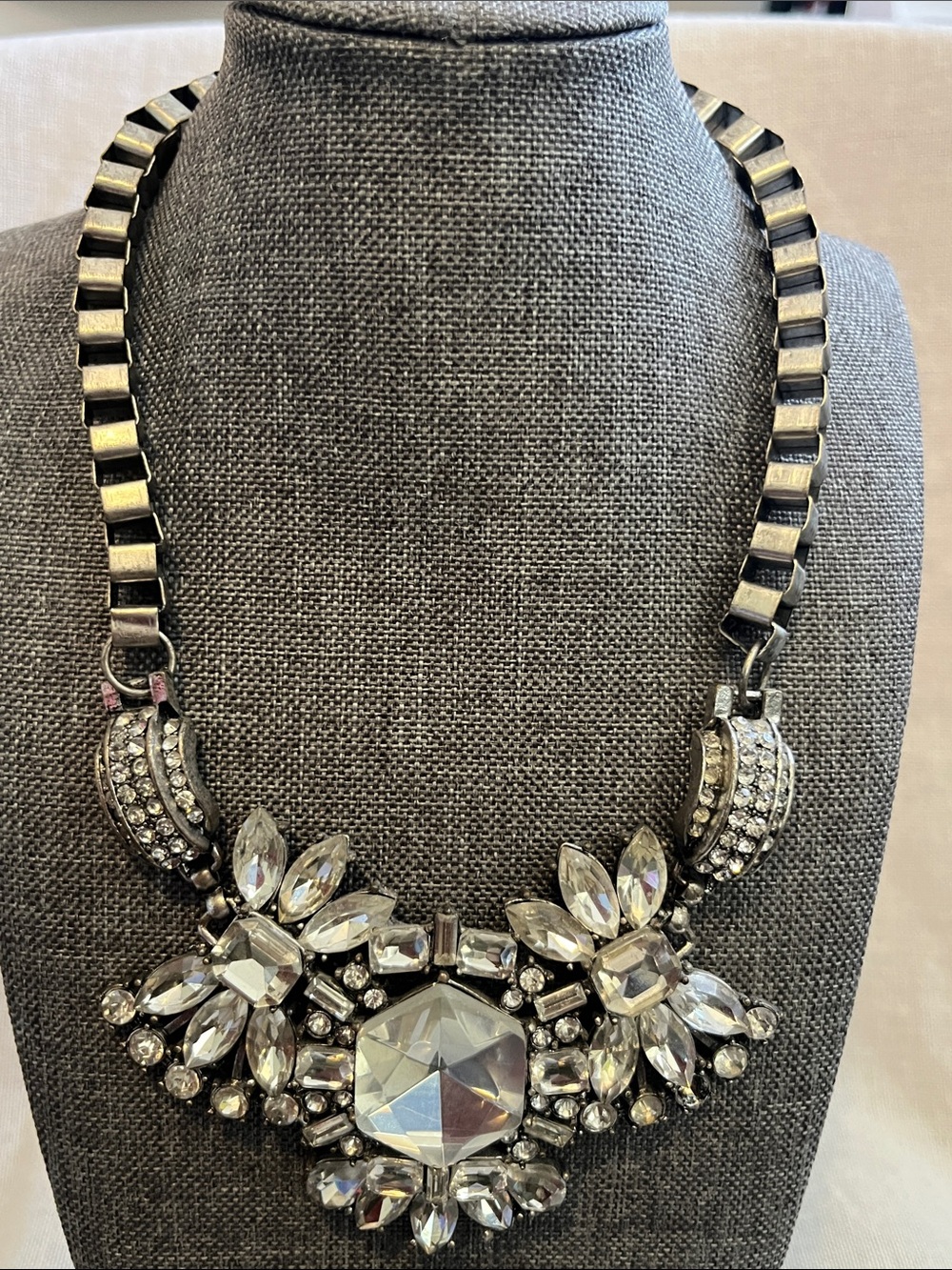Vintage EC Statement Crystal Bib Necklace - Silver Clear Stones